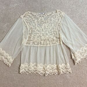 LE DOR SHEER & LACE IVORY‎ BLOUSE WOMENS SIZE Medium  Feminine Beach Romanic